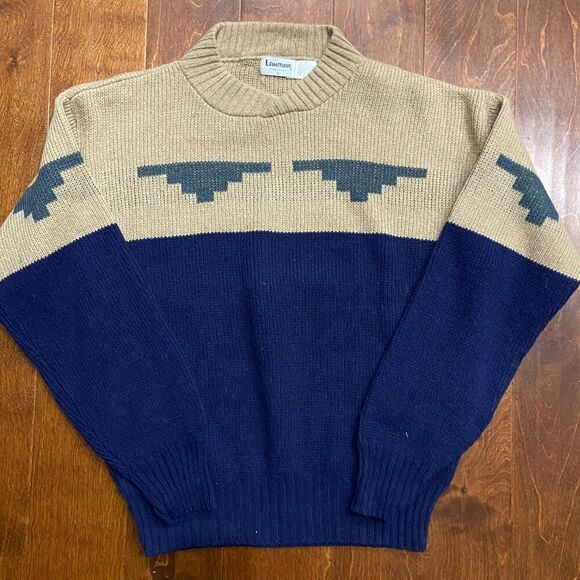 Lahmar Vintage 70s Pullover Navy Tan Wool Blend Sweater Men's Size Large - Picture 3 of 7